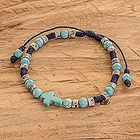 Reconstituted turquoise macrame pendant bracelet, 'Look Up to Heaven' - Reconstituted Turquoise Macrame Bracelet with Cross Pendant