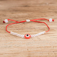 Crystal macrame pendant bracelet, 'Red Nazar' - Handcrafted Macrame Pendant Bracelet with Red Nazar Amulet