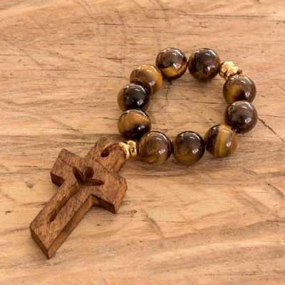 Zehnjähriger Rosenkranz aus Holz und Tigerauge - Zehnjahres-Rosenkranz mit Tigerauge und Kiefernholzkreuz