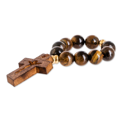 Wood and tiger's eye decennary rosary, 'Jesus Silhouette' - Tiger's Eye Decennary Rosary with Pinewood Cross