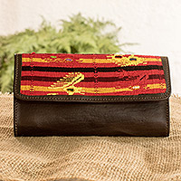 Leather and cotton wallet, 'Huipil Sunset' - Leather Wallet Trimmed with Huipil Cotton from Guatemala