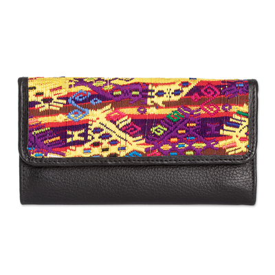 Black Leather Wallet Trimmed with Mayan Huipil Cotton