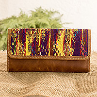 Leather and cotton wallet, 'Mayan Dawn' - Leather Wallet Trimmed with Huipil Cotton from Guatemala