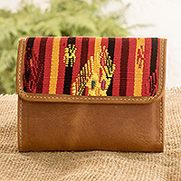 Leather and cotton wallet, 'Mayan Festival' - Brown Leather Wallet Trimmed with Mayan Huipil Cotton