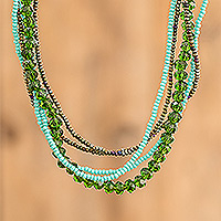 Glass and crystal beaded strand necklace, 'Green Ethereal Fusion' - Glass and Crystal Beaded Strand Necklace in Colorful Palette