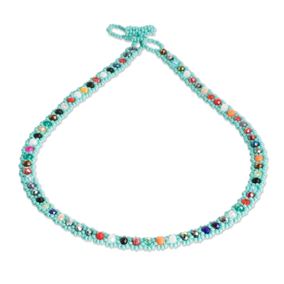 Crystal beaded necklace, 'Turquoise Magic' - Turquoise Beaded Necklace with Crystals in a Rainbow Palette
