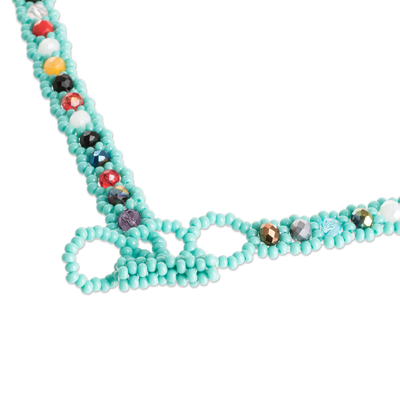 Crystal beaded necklace, 'Turquoise Magic' - Turquoise Beaded Necklace with Crystals in a Rainbow Palette