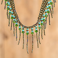 Crystal and glass beaded statement necklace, 'Serenity in Bronze'