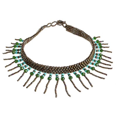 Crystal and glass beaded statement necklace, 'Serenity in Bronze' - Handcrafted Statement Necklace with Crystal and Glass Beads
