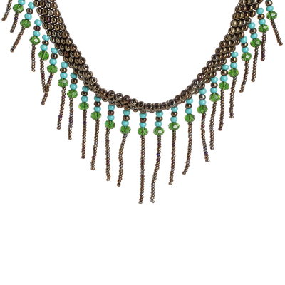 Crystal and glass beaded statement necklace, 'Serenity in Bronze' - Handcrafted Statement Necklace with Crystal and Glass Beads