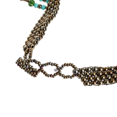 Kristall- und Glasperlen-Halskette, 'Serenity in Bronze' - Handgefertigte Statement-Halskette mit Kristall- und Glasperlen