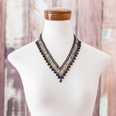 Crystal and glass beaded waterfall necklace, 'Cascade in Black' - Handmade Black Crystal and Glass Beaded Waterfall Necklace