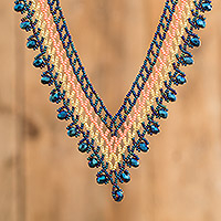 Crystal and glass beaded waterfall necklace, 'Cascade in Blue' - Handmade Blue Waterfall Necklace with Crystal & Glass Beads