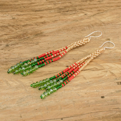 Crystal and glass beaded dangle earrings, 'Christmas Elegance' - Crystal and Glass Beaded Dangle Earrings with Silver Hooks