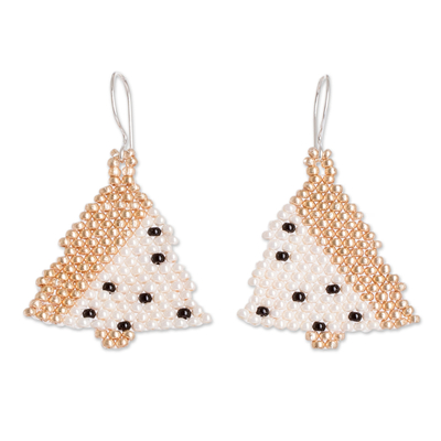 Beaded dangle earrings, 'Modern Christmas Tree' - Handmade Christmas Tree Dangle Earrings with Glass Beads
