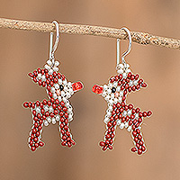 Beaded dangle earrings, 'The Red-Nosed Reindeer' - Handmade Glass Beaded Rudolph The Reindeer Dangle Earrings