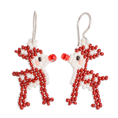 Handmade Glass Beaded Rudolph The Reindeer Dangle Earrings