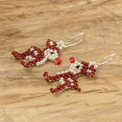 Beaded dangle earrings, 'The Red-Nosed Reindeer' - Handmade Glass Beaded Rudolph The Reindeer Dangle Earrings