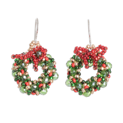 Christmas Crown Dangle Earrings with Crystal and Glass Beads
