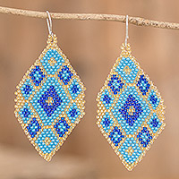Glass beaded dangle earrings, 'Rhombus Trend in Blue' - Geometric Beaded Dangle Earrings in Blue and Yellow Hues
