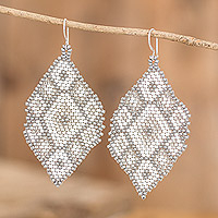 Glass beaded dangle earrings, 'Rhombus Trend in Silver' - Geometric Beaded Dangle Earrings in White and Silver Hues