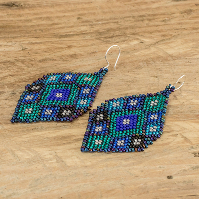 Glass beaded dangle earrings, 'Rhombus Trend in Green' - Geometric Beaded Dangle Earrings in Green and Blue Hues