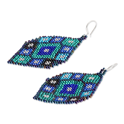 Glass beaded dangle earrings, 'Rhombus Trend in Green' - Geometric Beaded Dangle Earrings in Green and Blue Hues