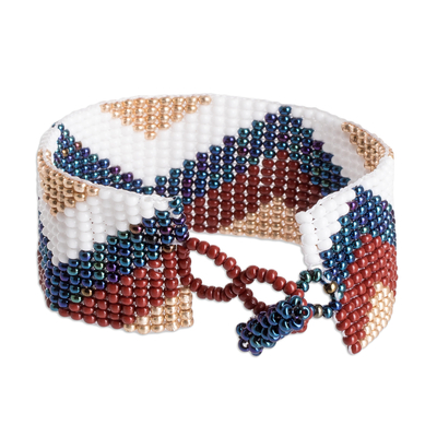 Glass beaded wristband bracelet, 'Geometric Waves' - Geometric Glass Beaded Wristband Bracelet from Guatemala