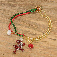 Crystal and glass beaded pendant bracelet, 'Cute Reindeer' - Crystal and Glass Beaded Christmas Reindeer Pendant Bracelet