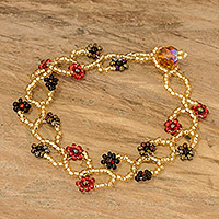 Beaded wristband bracelet, 'Intertwined in Red'