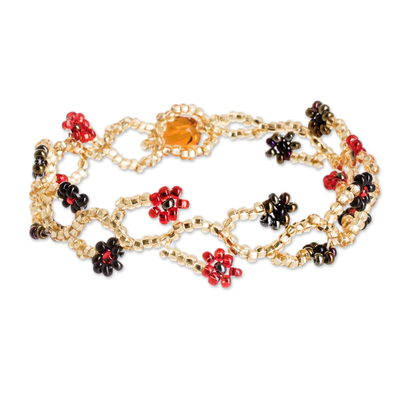 Beaded wristband bracelet, 'Intertwined in Red' - Glass Beaded Wristband Bracelet with Crystal Bead Closure