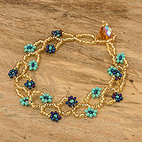 Beaded wristband bracelet, 'Intertwined in Blue'