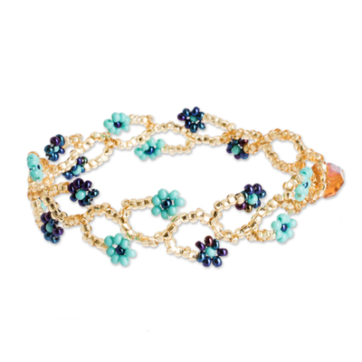 Beaded wristband bracelet, 'Intertwined in Blue' - Glass Beaded Wristband Bracelet with Crystal Bead Closure