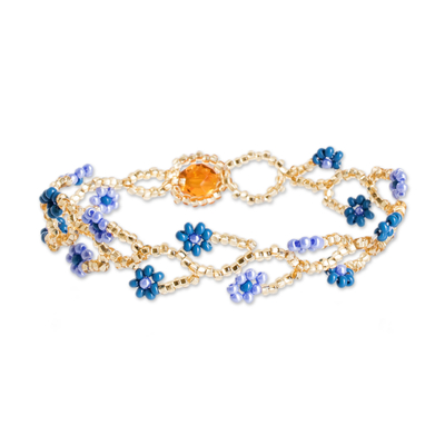 Glass beaded wristband bracelet, 'Blue Floral Hugs' - Floral Glass Beaded Wristband Bracelet Crafted in Guatemala