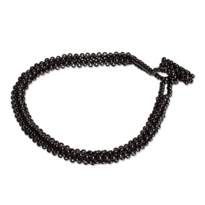 Glass beaded bracelet, 'Shadow Berries' - Black Glass Beaded Bracelet with Toggle Clasp