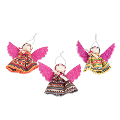 Baumwollornamente, (3er-Set) - Set mit 3 Engel-Sorgenpuppen-Ornamenten aus Guatemala