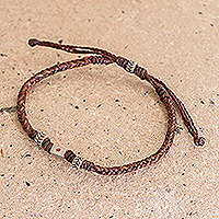 Leather braided pendant bracelet, 'Red Point' - Handcrafted Leather Braided Pendant Bracelet from Guatemala