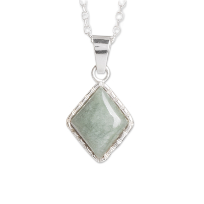 Jade pendant necklace, 'Rhombus in Green' - 925 Silver Necklace with Rhombus-Shaped Green Jade Pendant