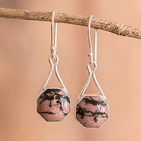 Rhodonite dangle earrings, 'Octagonal' - Sterling Silver Dangle Earrings with Rhodonite Stones