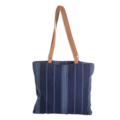 Cotton shoulder bag, 'Rupan in Blue' - Hand-Woven Cotton Shoulder Bag with Tassel and Suede Straps