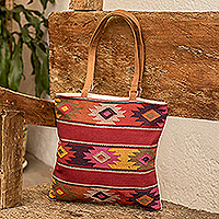 Cotton shoulder bag, 'Rupan in Poppy' - Guatemalan Hand-Woven Cotton Shoulder Bag with Suede Straps