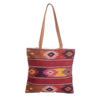Cotton shoulder bag, 'Rupan in Poppy' - Guatemalan Hand-Woven Cotton Shoulder Bag with Suede Straps