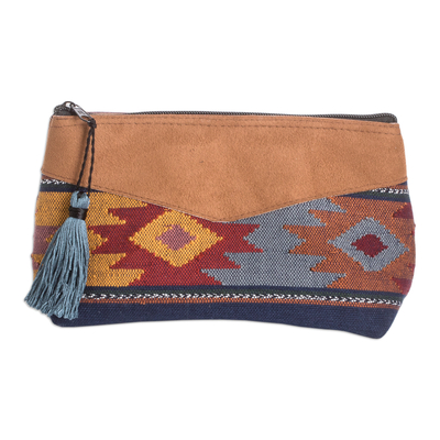 Cotton cosmetic bag, 'Feminine Subtlety in Blue' - Hand-Woven Cotton Cosmetic Bag with Suede Accent and Tassel
