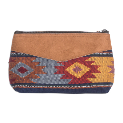 Cotton cosmetic bag, 'Feminine Subtlety in Blue' - Hand-Woven Cotton Cosmetic Bag with Suede Accent and Tassel