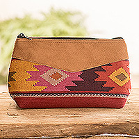 Cotton cosmetic bag, 'Feminine Subtlety in Poppy' - Hand-Woven Multicoloured Suede Trimmed Cotton Cosmetic Bag