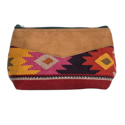 Cotton cosmetic bag, 'Feminine Subtlety in Poppy' - Hand-Woven Multicolored Suede Trimmed Cotton Cosmetic Bag