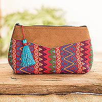 Cotton cosmetic bag, 'Fire Volcano' - Hand-Woven Cotton Cosmetic Bag with Suede Accent and Tassel
