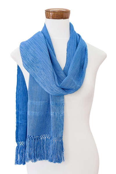 Rayon scarf, 'Royal Ocean' - Handloomed Royal Blue Rayon Scarf from Guatemala