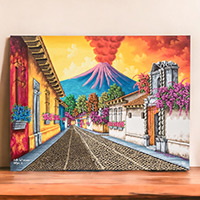 'Calle Las Campanas' - Óleo Estirado Firmado de Calle Colorida y Volcán