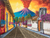 'Las Campanas Street' - Óleo estirado firmado de calle colorida y volcán